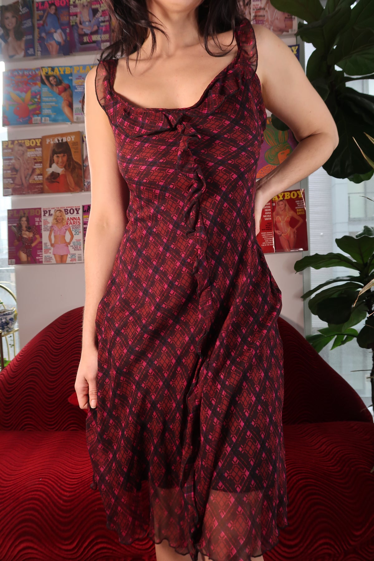NWT Vintage Betsey Johnson 100% Silk Red Black Geometric Silk Dress with Ruffles