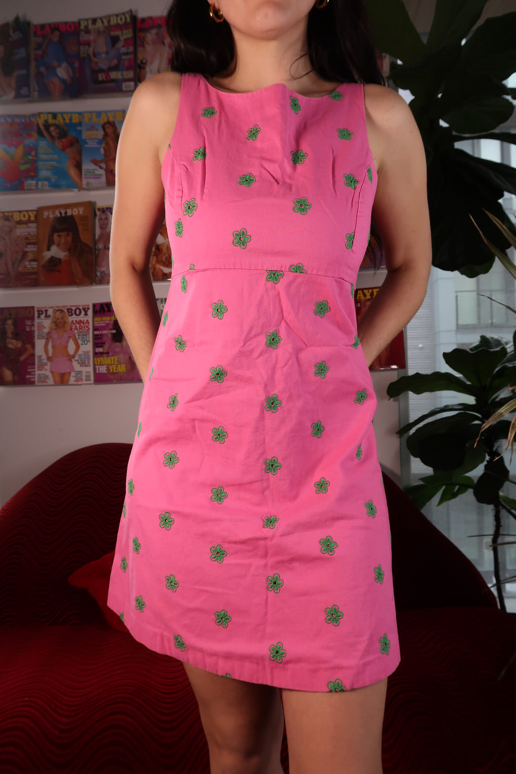 Vintage 1990s Betsey Johnson Pink A-Line Dress with Green Floral Embroidery