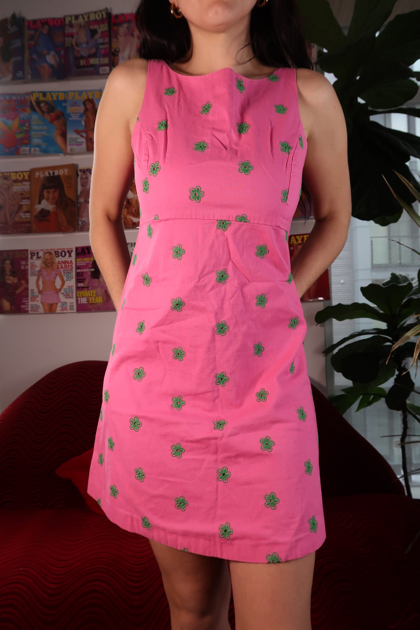 Vintage 1990s Betsey Johnson Pink A-Line Dress with Green Floral Embro – Elektra Vintage
