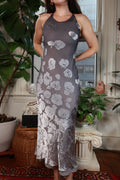 Gray floral burnout maxi dress by Elektra Vintage featuring vintage 2000s style with rose patterns and flowing fabric.