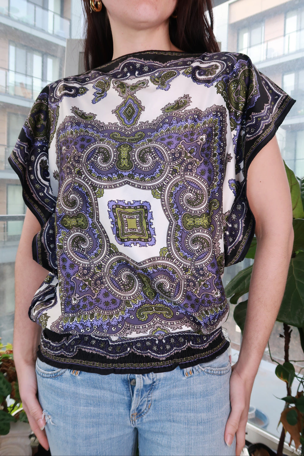 Women's Elektra Vintage blouse featuring a vintage 2000s paisley scarf print in a boho ornate pattern.