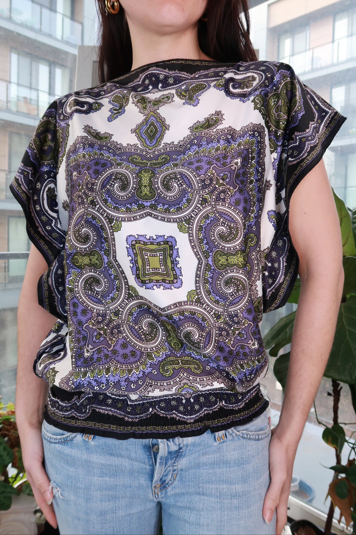 Women's Elektra Vintage blouse featuring a vintage 2000s paisley scarf print in a boho ornate pattern.