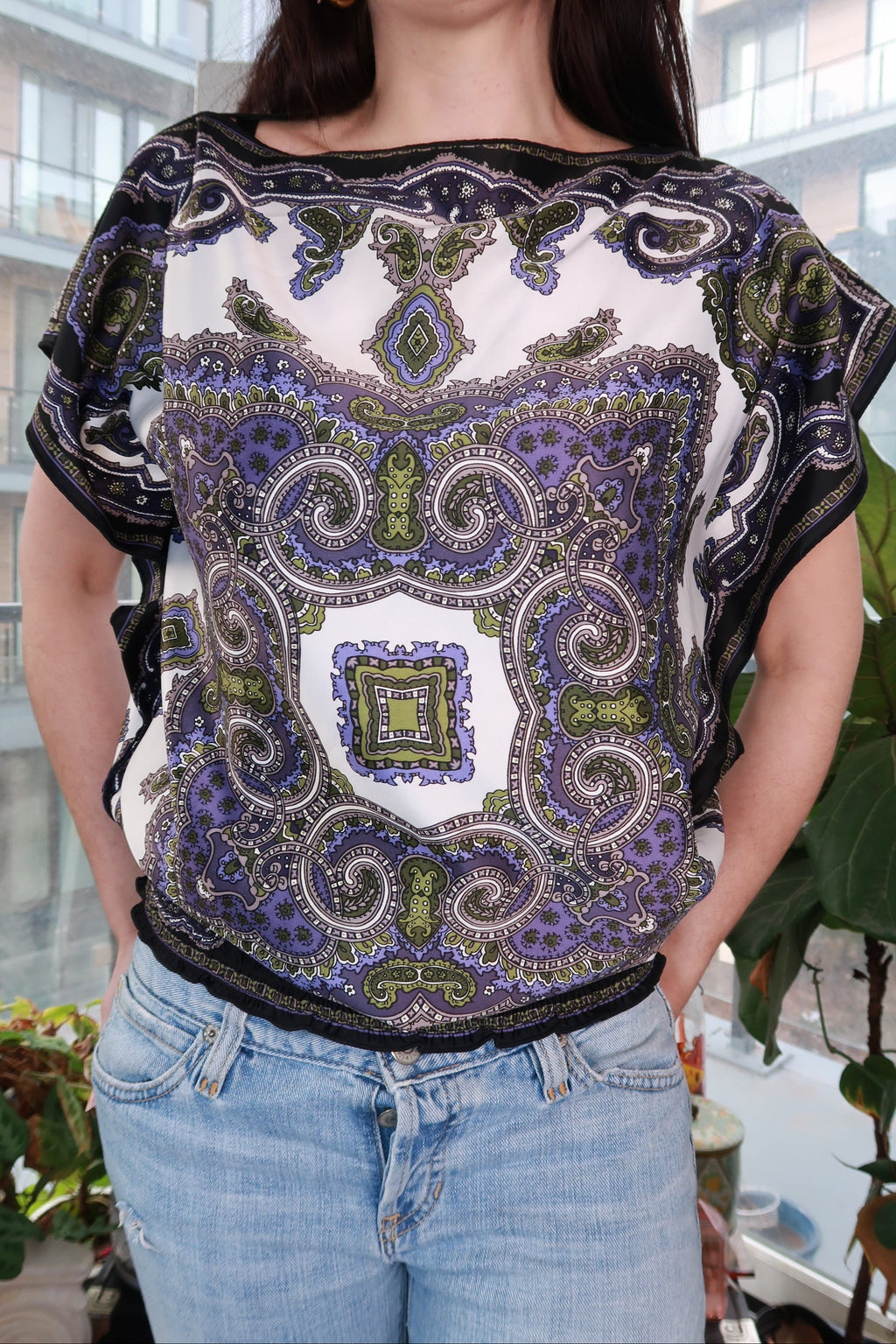 Women's Elektra Vintage blouse featuring a vintage 2000s paisley scarf print in a boho ornate pattern.