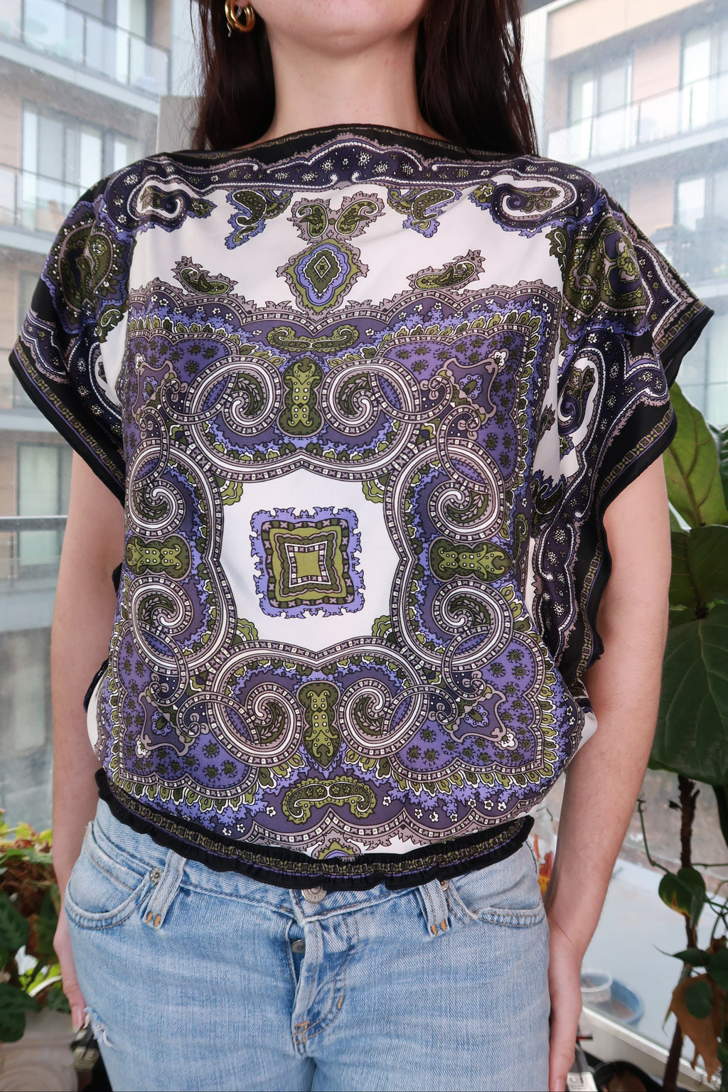 Women's Elektra Vintage blouse featuring a vintage 2000s paisley scarf print in an ornate Y2K boho pattern.
