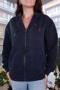 Vintage Polo Ralph Lauren navy zip-up hoodie featuring classic pony logo, styled casually on a neutral background.