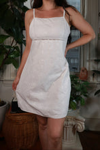 Load image into Gallery viewer, Vintage 2000s white embroidered floral lace trim mini dress by Elektra Vintage, featuring delicate lace details and a fitted silhouette.

