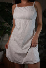 Load image into Gallery viewer, Vintage 2000s white embroidered floral lace trim mini dress by Elektra Vintage, featuring delicate lace details and a fitted silhouette.

