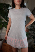 Vintage 2000s gray and pink velvet floral embellishment mini dress by Elektra Vintage, featuring a stylish t-shirt dress design.