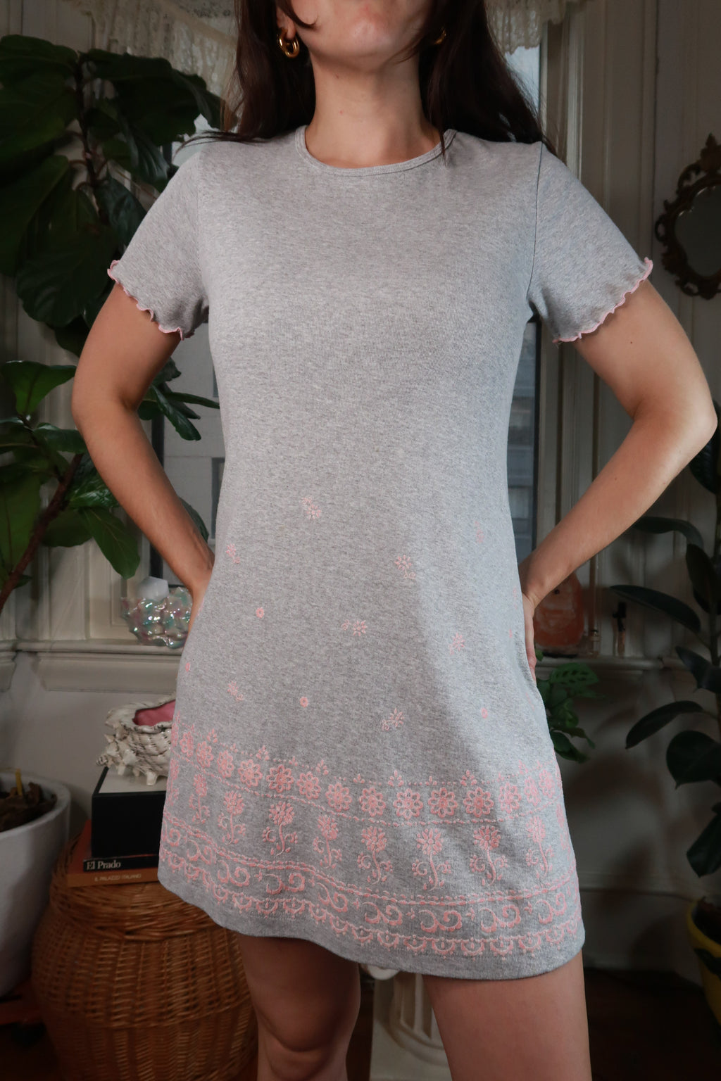 Vintage 2000s gray and pink velvet floral embellished T-shirt mini dress by Elektra Vintage, with detailed floral embroidery.