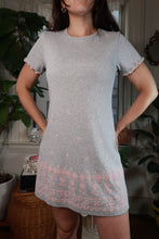 Load image into Gallery viewer, Vintage 2000s gray and pink velvet floral embellished T-shirt mini dress by Elektra Vintage, with detailed floral embroidery.
