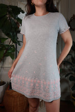 Load image into Gallery viewer, Vintage 2000s gray and pink velvet floral embellished mini dress by Elektra Vintage, featuring intricate floral details and soft fabric.
