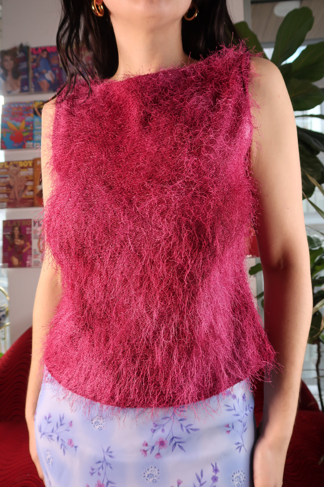 Vintage 2000s Fuzzy Hot Pink Boat Neck Tank