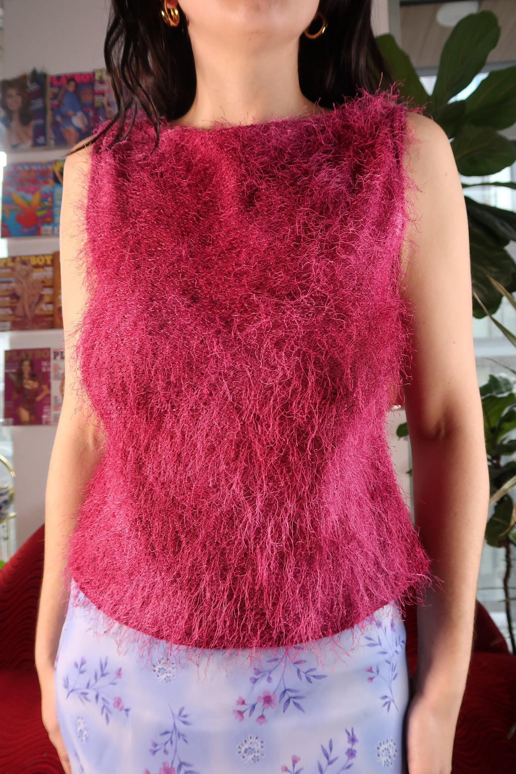 Vintage 2000s Fuzzy Hot Pink Boat Neck Tank