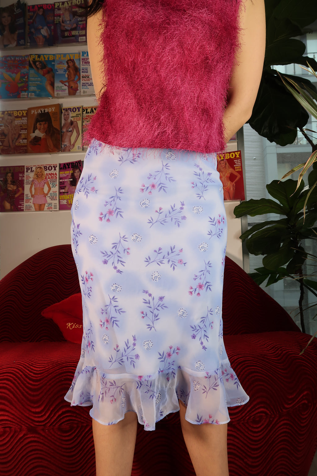 Light purple flower-printed mermaid skirt by Elektra Vintage, showcasing fitted waist and flowing floral design.