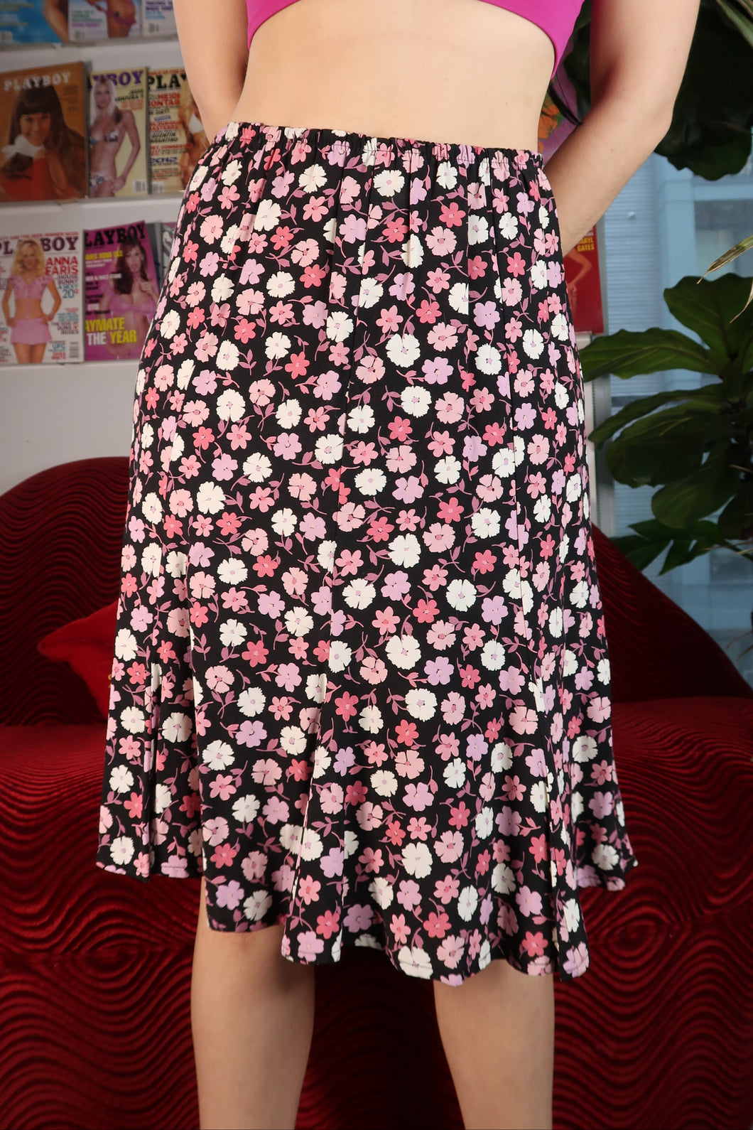 Vintage Pink Ditzy Floral Midi Skirt