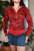 Vintage 2000s Abbey Dawn red and black zebra print cat ear zip-up hoodie, women's top by Elektra Vintage, front view showing details.