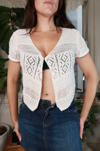 Load image into Gallery viewer, White pointelle open-knit short sleeve cropped cardigan for women, vintage 2000s style, by Elektra Vintage.
