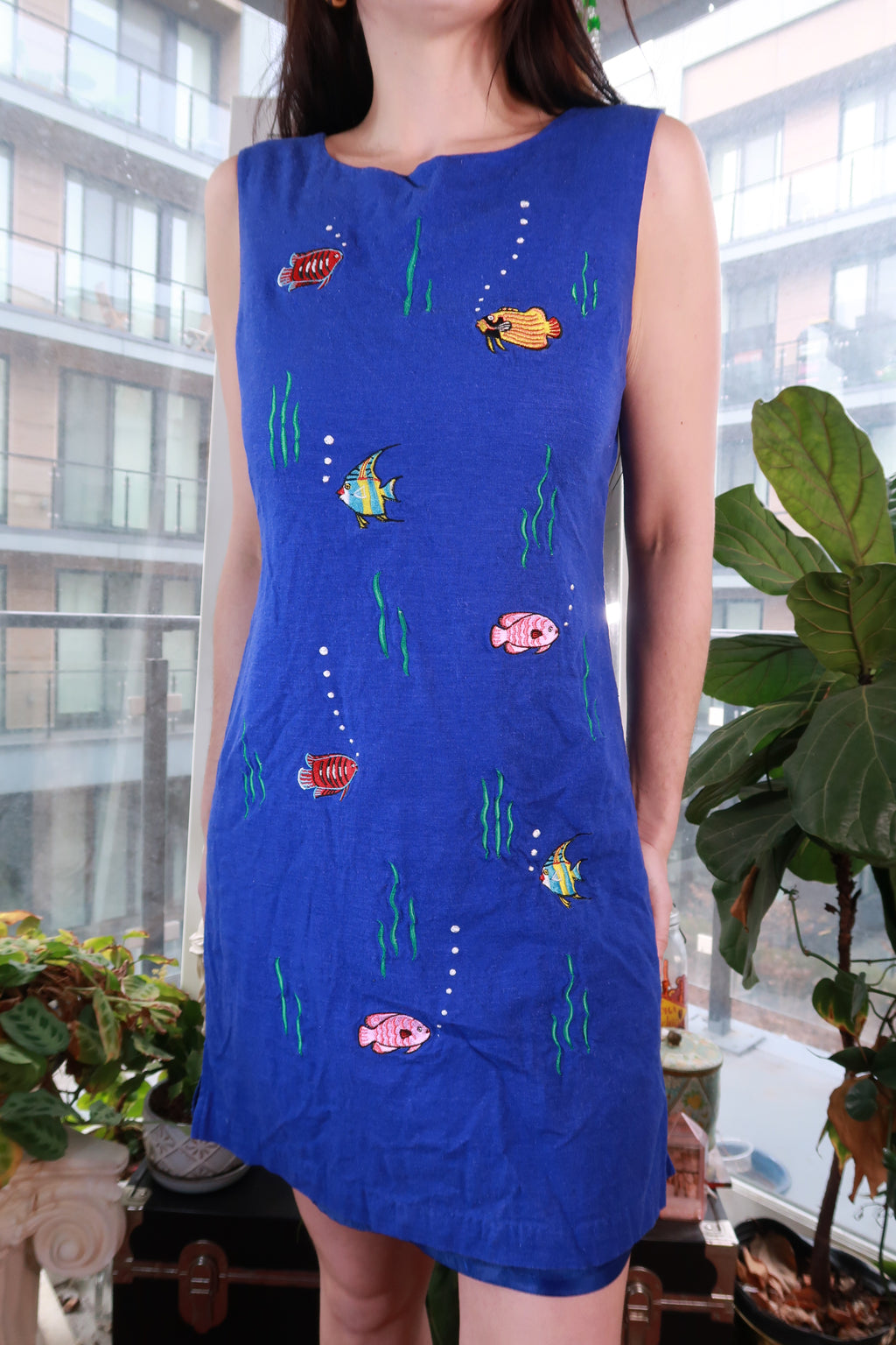 Aquatic Fish Embroidered Dress - Elektra Vintage