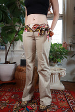 Load image into Gallery viewer, Vintage 2000s khaki low rise flare pants with printed scarf belt, women's bottoms by Elektra Vintage.
