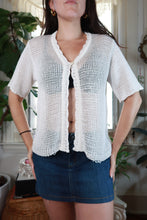 Load image into Gallery viewer, White open-knit short sleeve cardigan for women by Elektra Vintage, vintage 2000s style, casual and lightweight top.
