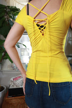 Load image into Gallery viewer, Yellow vintage 2000s women's fitted top with ruched lace-up back, by Elektra Vintage, showcasing its stylish design and texture.
