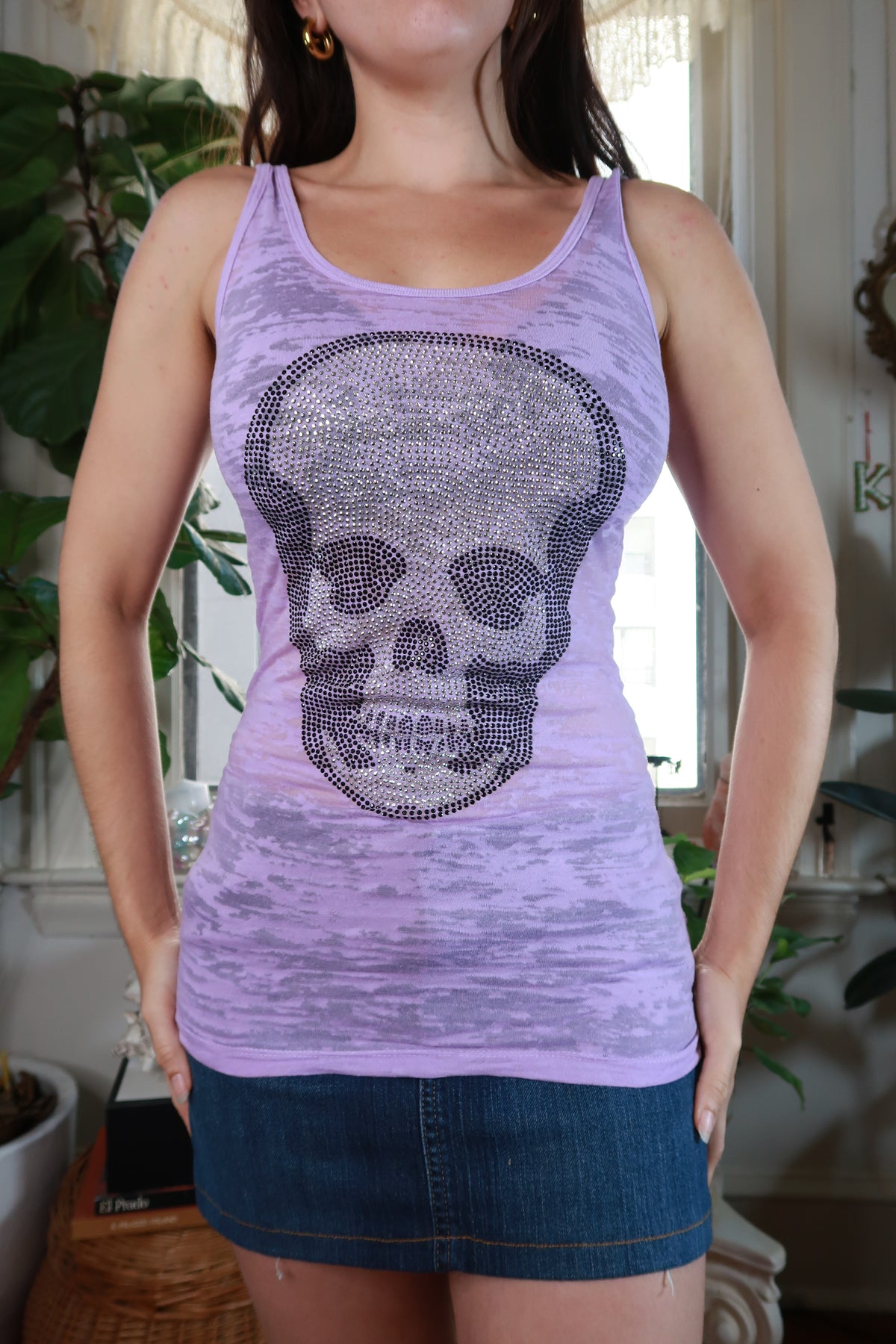 Vintage 2000s Lavender Rhinestone Skull Burnout Tank Top