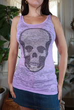 Load image into Gallery viewer, Vintage 2000s lavender rhinestone skull burnout tank top for women by Elektra Vintage, featuring a stylish skull design and soft fabric.
