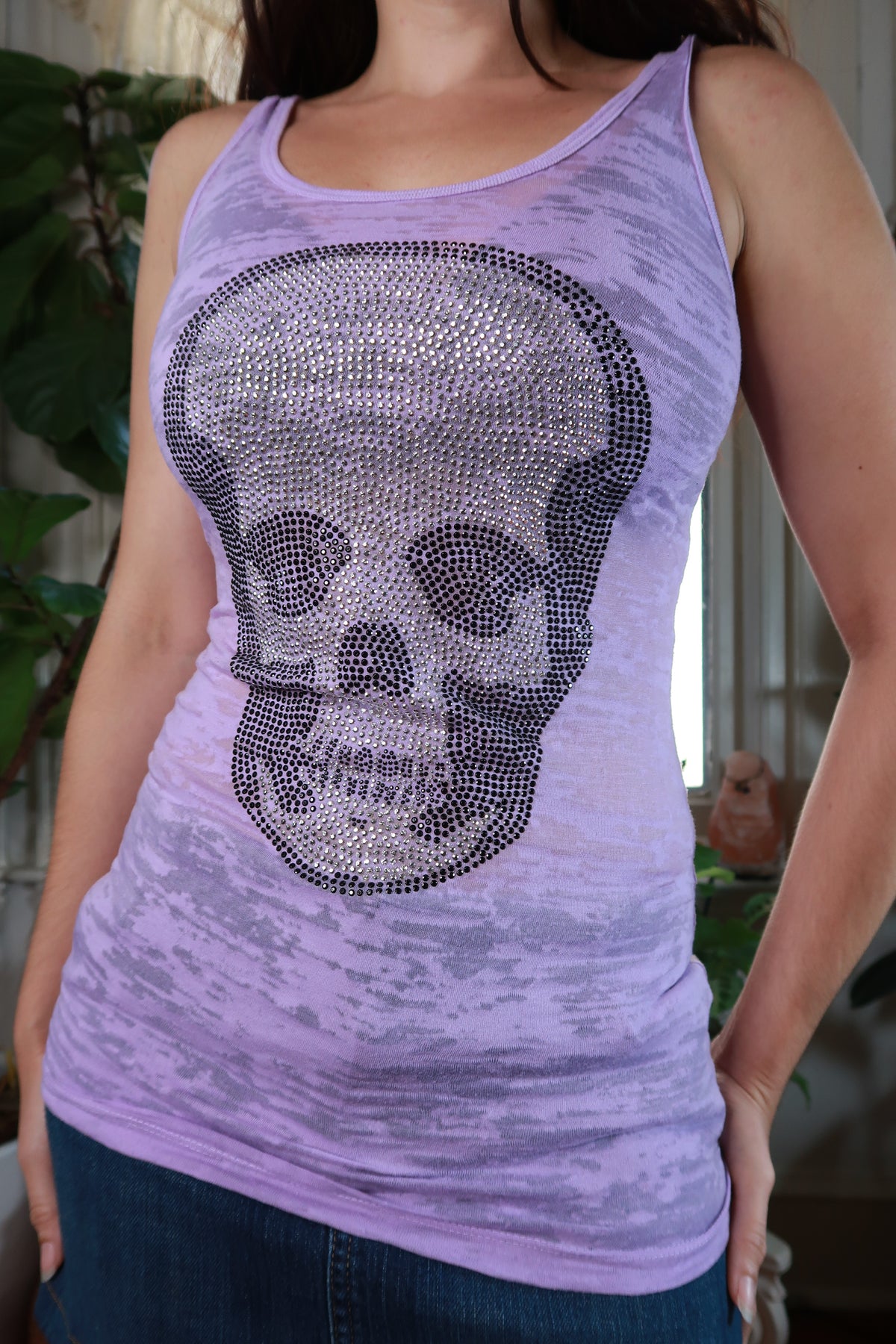 Vintage 2000s lavender rhinestone skull burnout tank top for women by Elektra Vintage, featuring a distressed, stylish design.