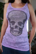 Load image into Gallery viewer, Women's vintage 2000s lavender rhinestone skull burnout tank top by Elektra Vintage, featuring a relaxed fit and distressed fabric.
