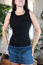 Load image into Gallery viewer, Black ribbed knit fitted sleeveless top for women by Elektra Vintage, vintage 2000s style, shown on a hanger.
