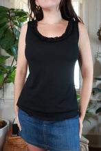 Load image into Gallery viewer, Vintage black ruffle trim scoop neck sleeveless top for women by Elektra Vintage, featuring ruffle details and a classic scoop neckline.
