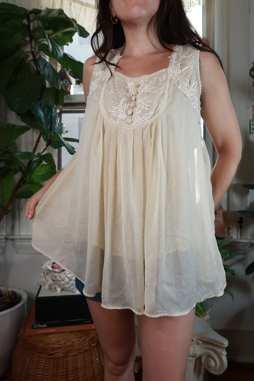 Ivory sheer embroidered babydoll tunic top for women by Elektra Vintage, vintage 2000s style with delicate embroidery details.