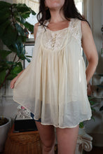 Load image into Gallery viewer, Ivory sheer embroidered babydoll tunic top for women by Elektra Vintage, vintage 2000s style with delicate embroidery details.

