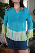 Load image into Gallery viewer, Vintage 2000s turquoise blue tie-dye sheer sequin bell sleeve women's top by Elektra Vintage, with vibrant colors and flowing sleeves.
