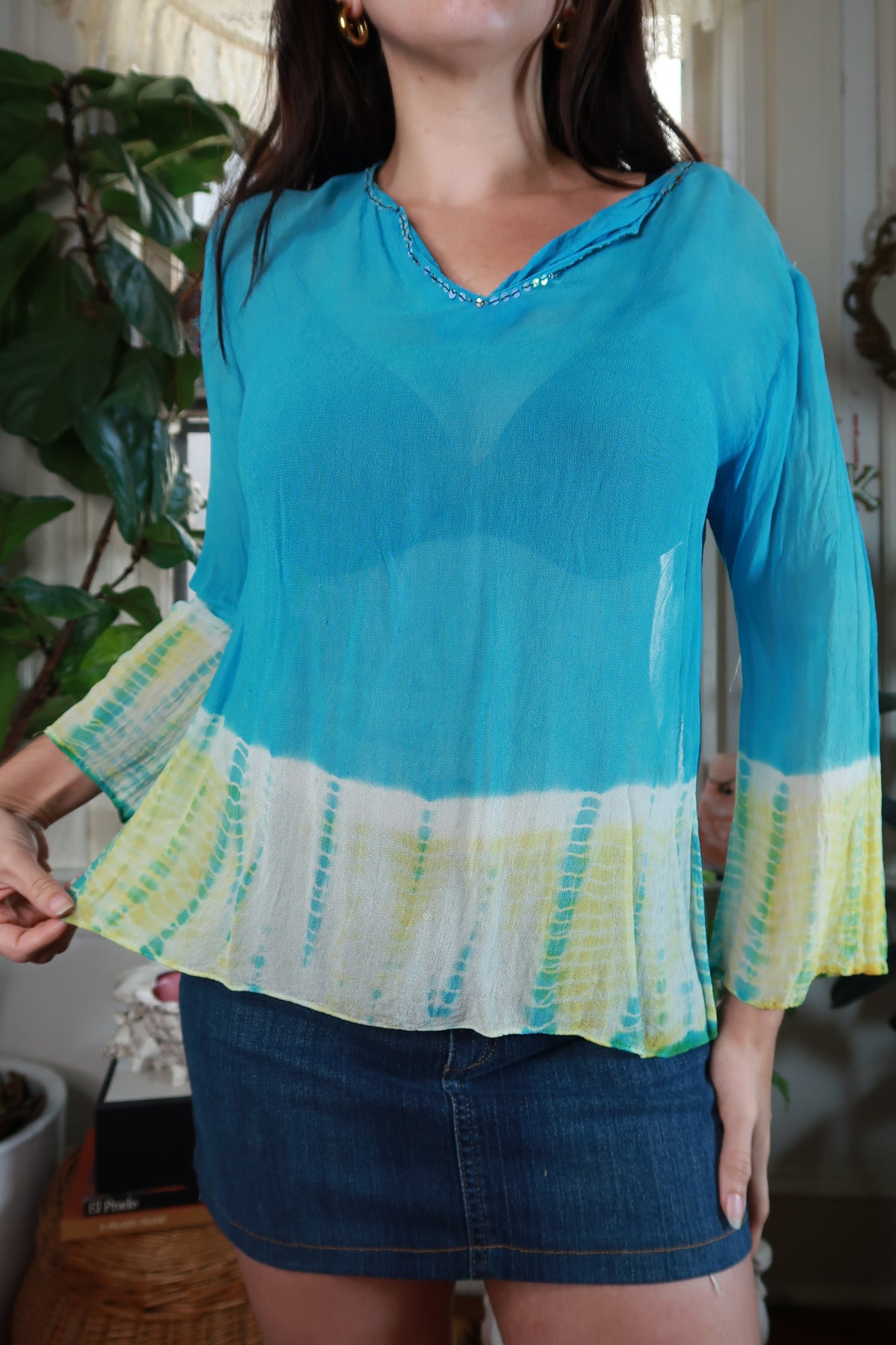 Vintage 2000s Turquoise Blue Tie Dye Sheer Sequin Bell Sleeve Top