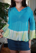 Load image into Gallery viewer, Vintage 2000s turquoise blue tie-dye sheer sequin bell sleeve women's top by Elektra Vintage.

