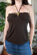 Load image into Gallery viewer, Vintage 2000s chocolate brown jeweled halter tube top for women by Elektra Vintage, showcasing the fabric and jeweled details.
