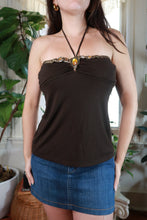 Load image into Gallery viewer, Chocolate brown vintage 2000s jeweled halter tube top for women by Elektra Vintage, featuring a fitted design with decorative embellishments.
