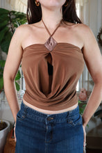 Load image into Gallery viewer, Chocolate brown vintage halter top with draped cowl front, 2000s style for women, by Elektra Vintage.
