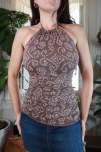 Load image into Gallery viewer, Women's vintage 2000s brown bandana print ruched halter top from Elektra Vintage, featuring a stylish halter neckline and ruched details.
