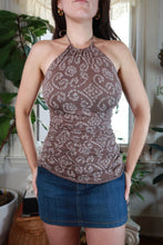Load image into Gallery viewer, Women's vintage brown bandana print ruched halter top by Elektra Vintage, featuring a retro 2000s style and halter neckline.
