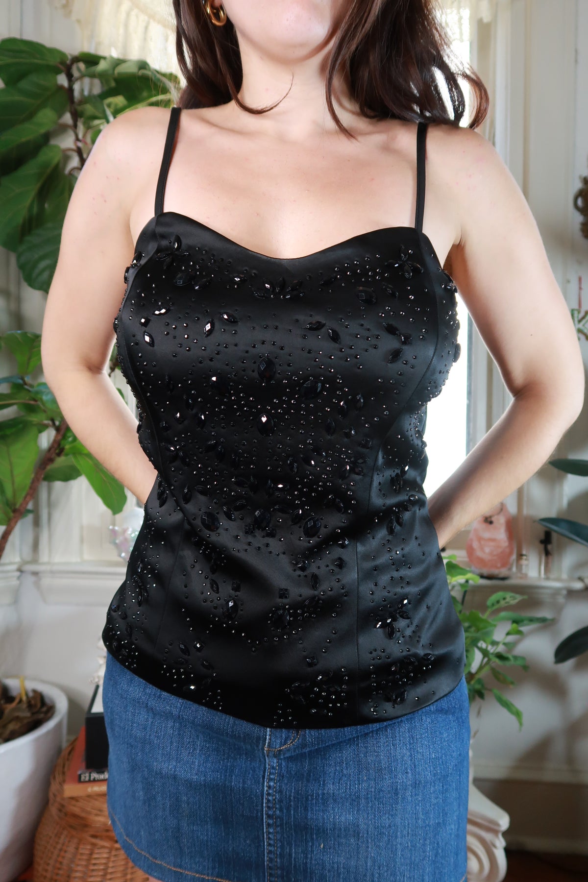 Vintage 2000s Cache black satin beaded rhinestone corset top for women, featuring intricate beadwork and a fitted style.
