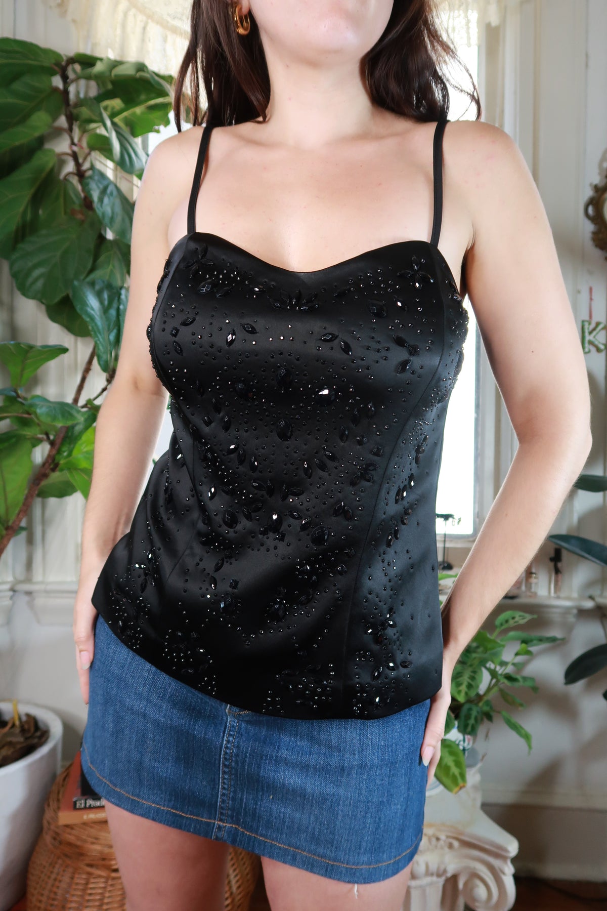 Vintage 2000s Cache black satin beaded rhinestone corset top for women, styled with intricate beadwork and elegant design.