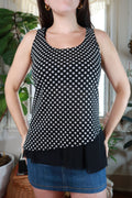 Black and white polka dot layered ruffle tank top for women by Elektra Vintage, vintage 2000s style, displayed on hanger.