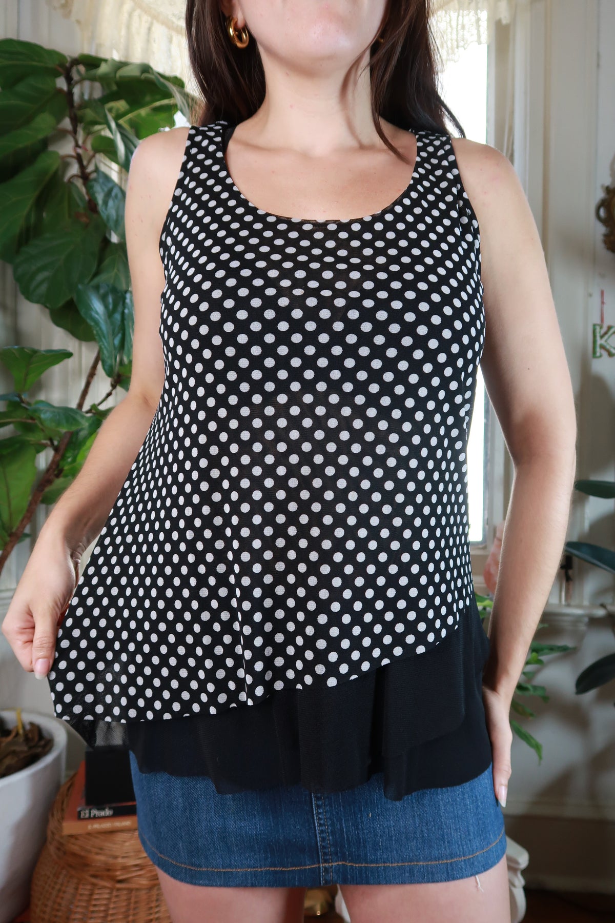 Black and white polka dot layered ruffle tank top for women by Elektra Vintage, featuring a vintage 2000s style.