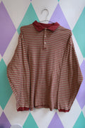 Vintage Gap Striped Long Sleeve Polo Shirt Burgundy Green Cream Preppy Rugby Top