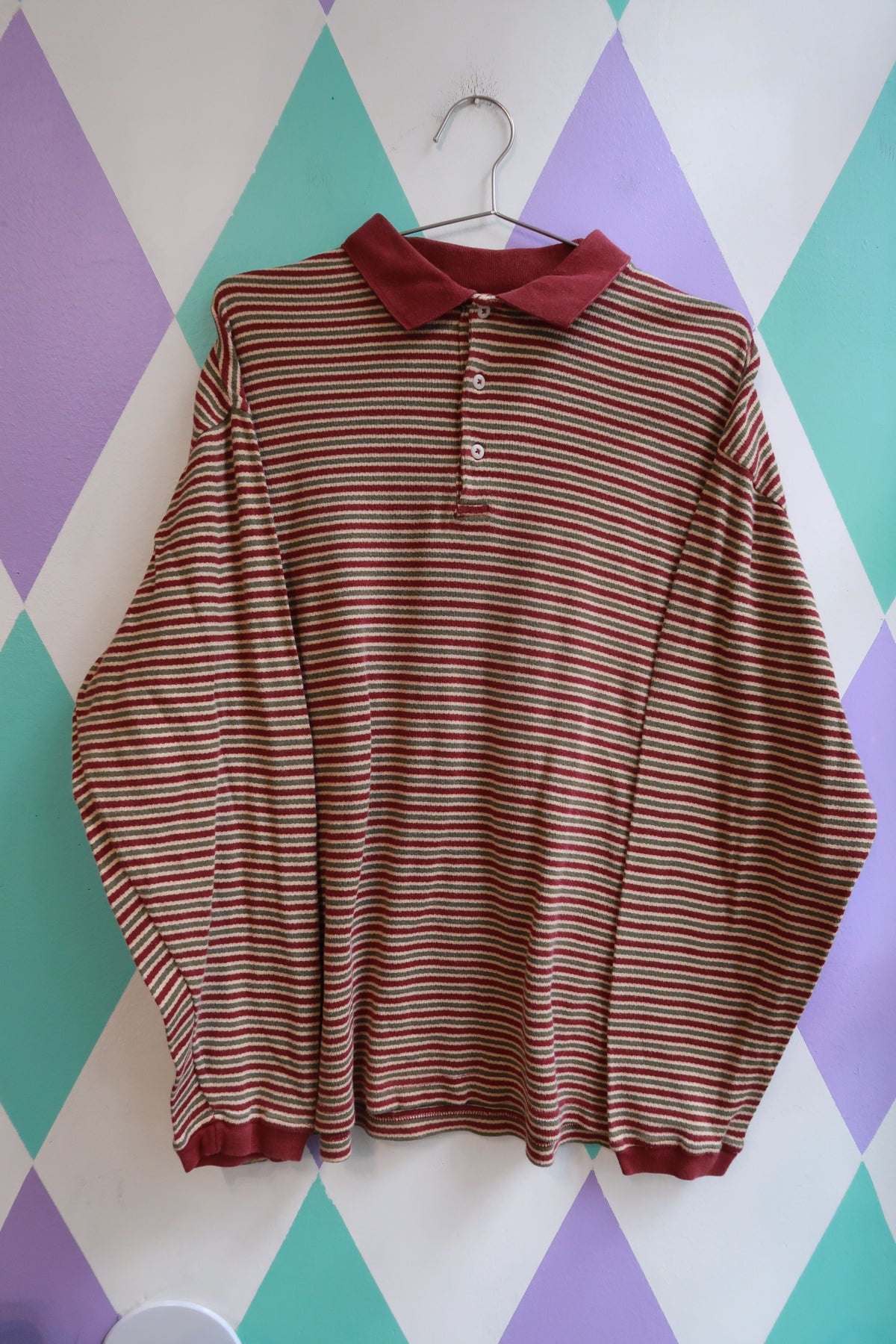 Vintage Gap Striped Long Sleeve Polo Shirt Burgundy Green Cream Preppy Rugby Top