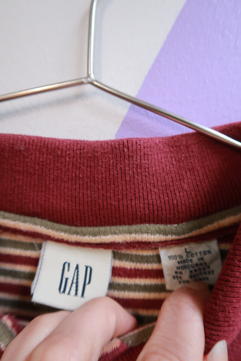 Vintage Gap Striped Long Sleeve Polo Shirt Burgundy Green Cream Preppy Rugby Top