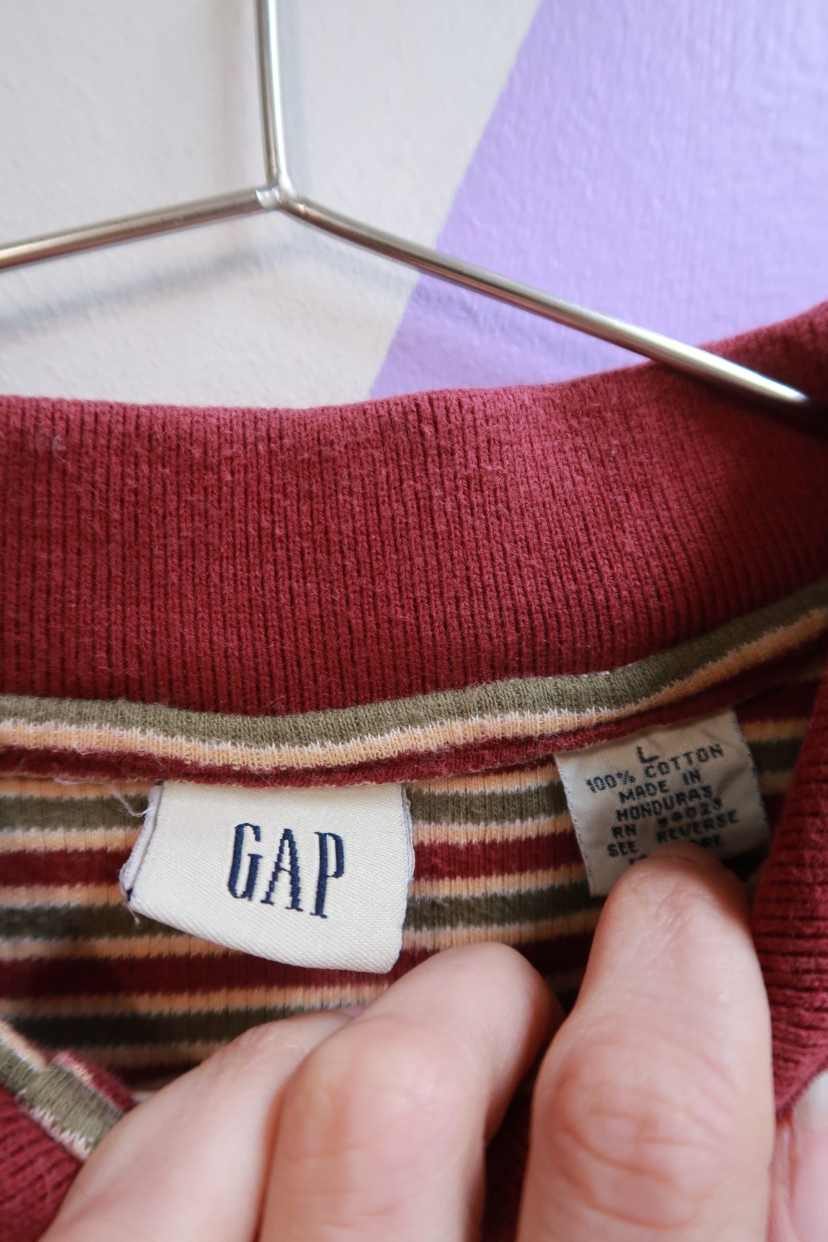 Vintage Gap Striped Long Sleeve Polo Shirt Burgundy Green Cream Preppy Rugby Top