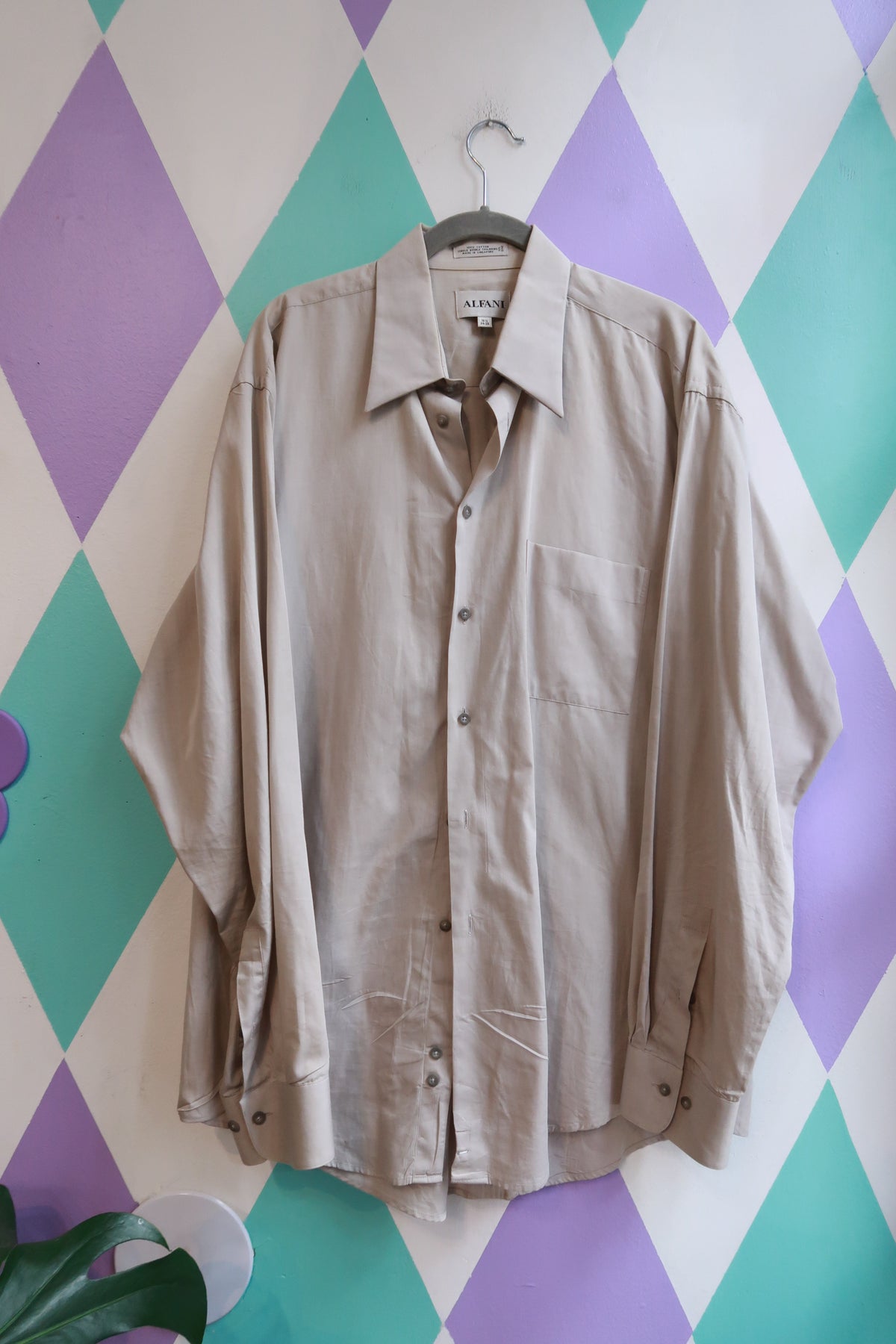 Vintage 90s Alfani 100% Cotton Beige Oversized Button Down Shirt Made in Singapore